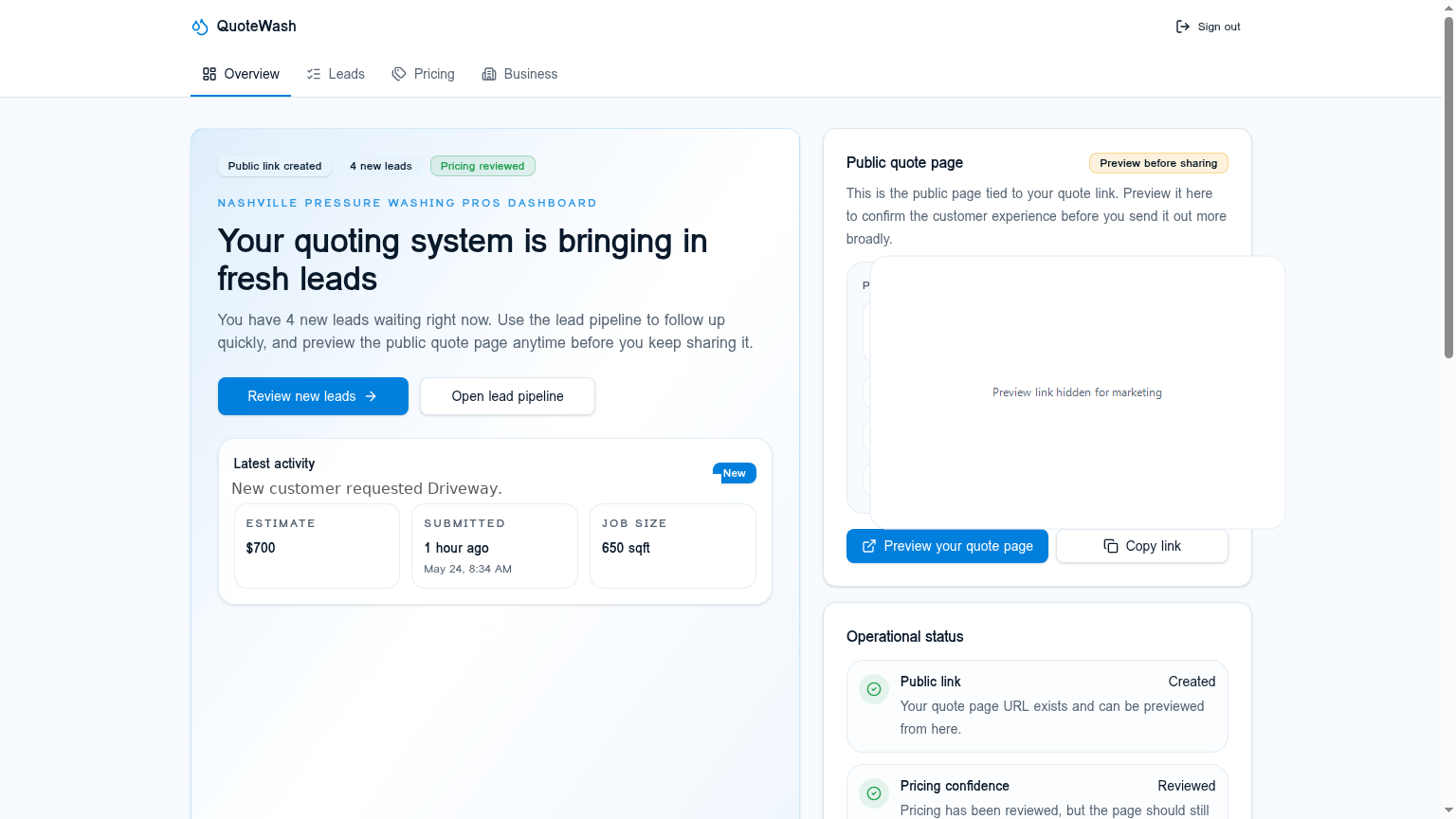 QuoteWash dashboard overview showing live quote activity, setup status, and recent requests.