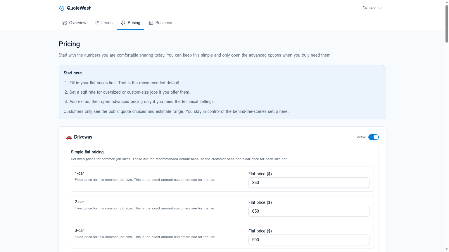 QuoteWash pricing setup screen showing pricing rules and setup guidance for an owner.
