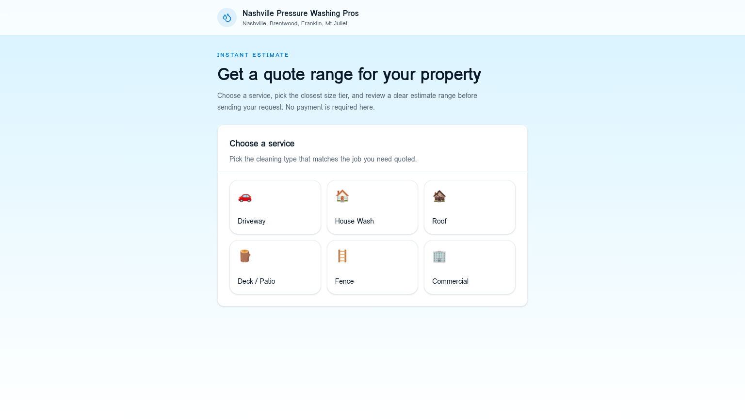 QuoteWash public quote page with service selection, quote fields, and customer-facing pricing flow.