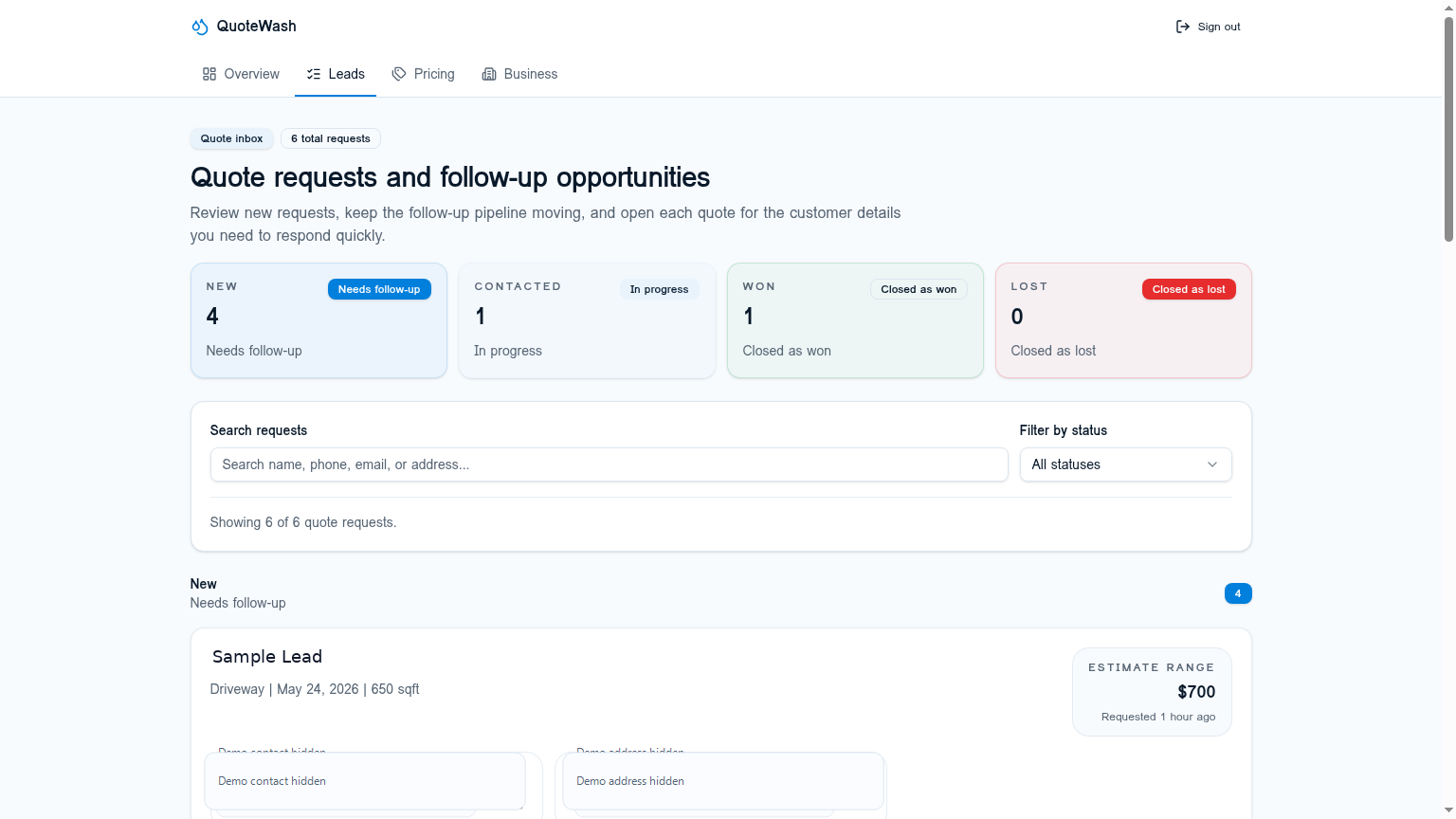 QuoteWash quote inbox showing grouped leads, search and filters, and status controls.